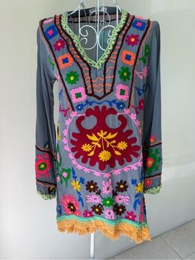 Debbie Katz South Beach S Embroidered Tunic Dress Gray Boho Floral Crochet